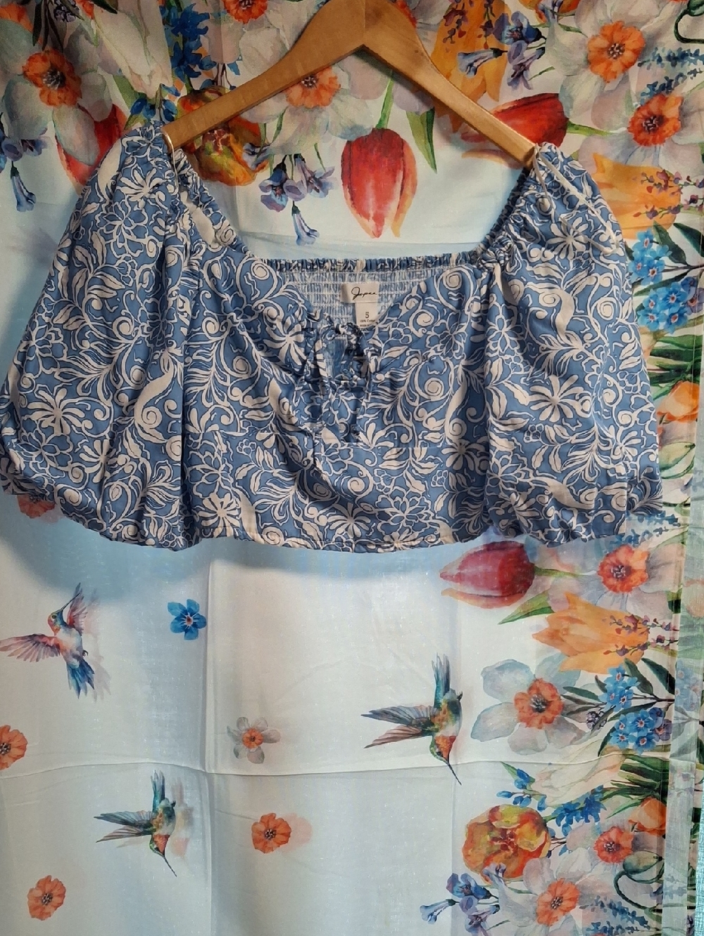 Japna Blue Floral Off-Shoulder Crop Top - Size Small